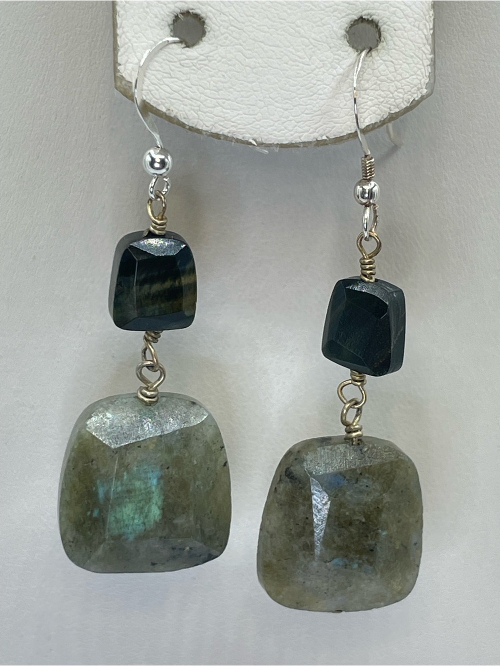 Green Labradorite Black Onyx Sterling Silver Hook Dangle Earrings Boho Artisan
